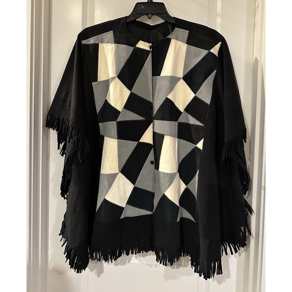 Vintage Patchwork Suede Leather Fringe Boho Artsy Poncho Wrap Cape Harlequin OS